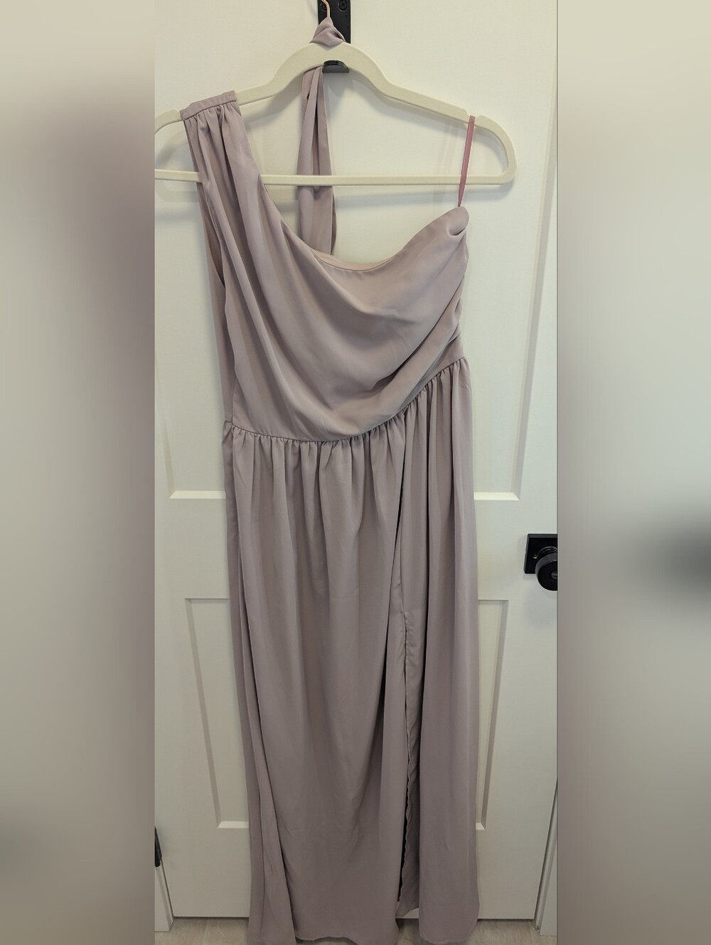 One-Shoulder Taupe Evening Dress with Side Slit - Picture 2 of 5
